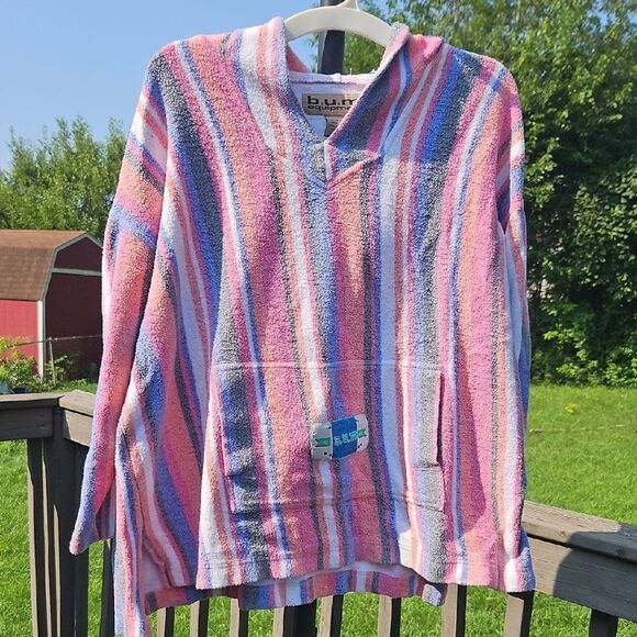 Vintage B.U.M. Equipment Striped Hoodie Pullover Sz M 90s Surf Style - Picture 1 of 6